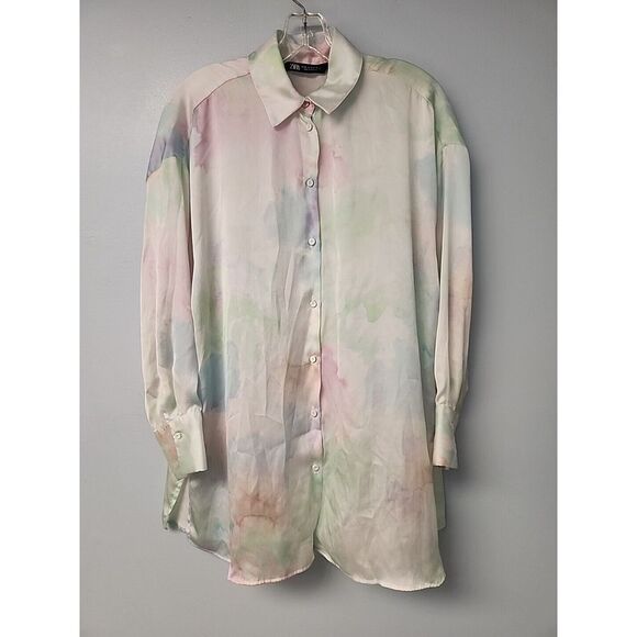 Zara Womens Xs Fits XL Oversized Shirt Dress‎ Tunic Medium Large Tie Dye Button - Picture 1 of 6